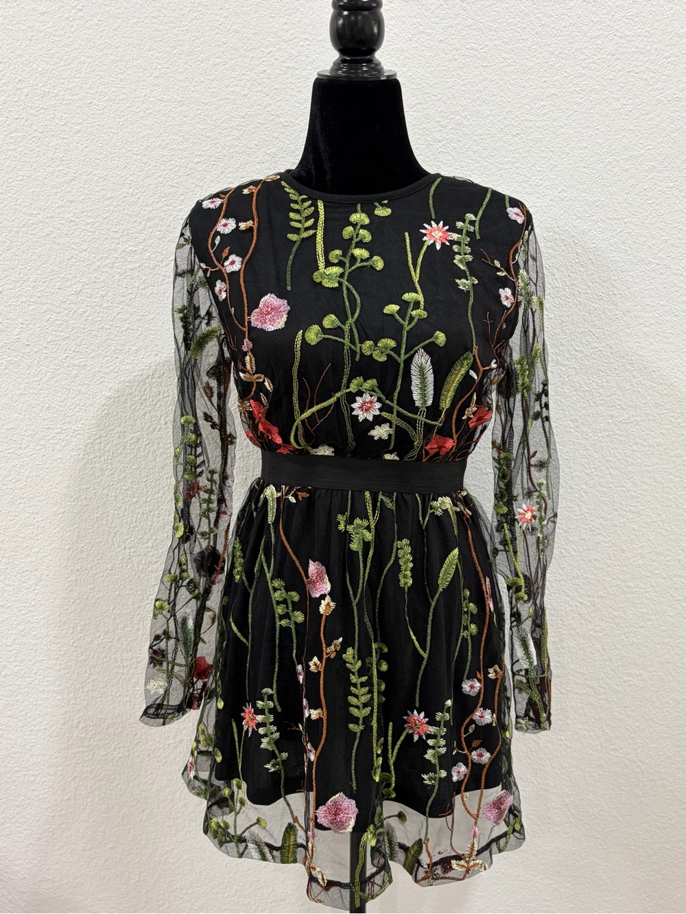 SHEIN Black Long-Sleeve Floral Embroidered Mesh Dress